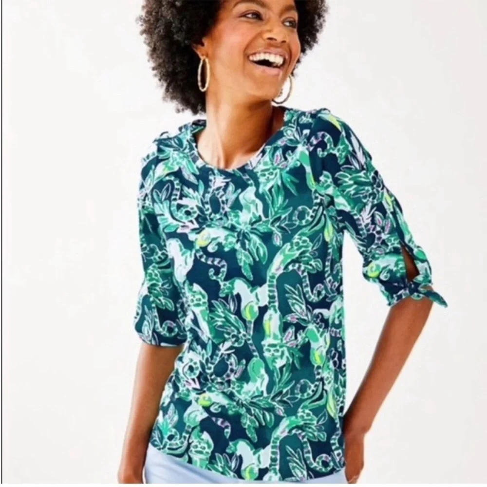 Lilly Pulitzer Preston Top Tidal Wave Tie Sleeve Pima Cotton XS - Picture 3 of 9